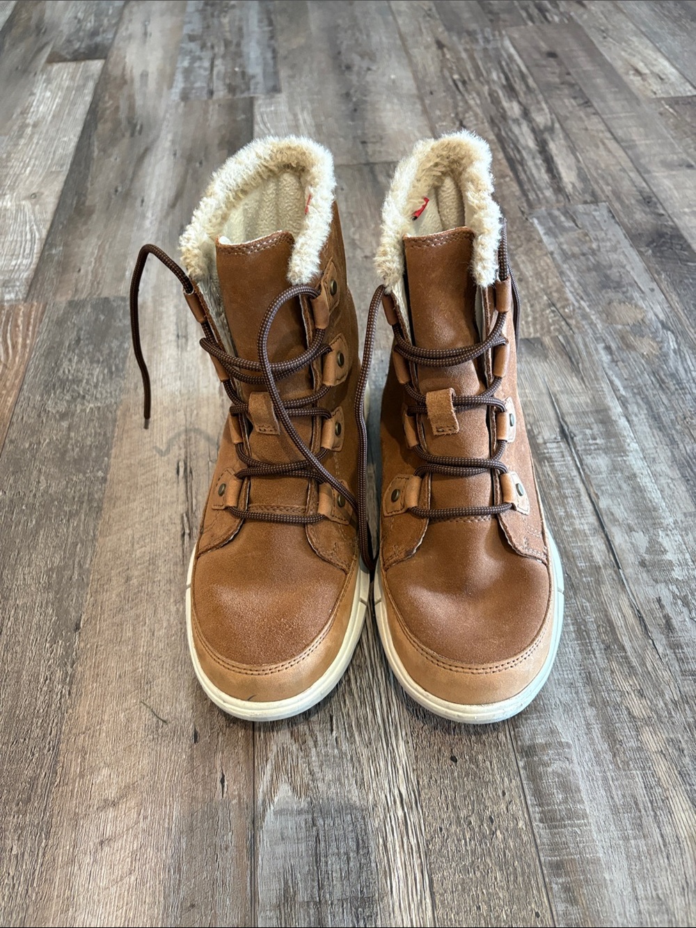 Sorel Chestnut Suede Lace-Up Boots with Faux Fur Trim